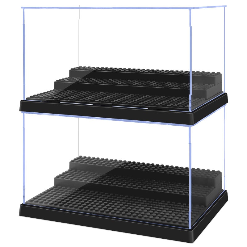 Pokiiulk 2 Pack Display Case for Minifigure Action Figures Blocks  Acrylic Minifigure Display Case Box Storage with 3 Movable Steps Gift for Kids Adults (Black) - Image 1